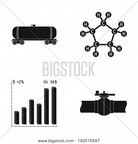Railway tank, chemical formula, oil price chart, pipeline valve. Oil set collection icons in black style vector symbol stock illustration .