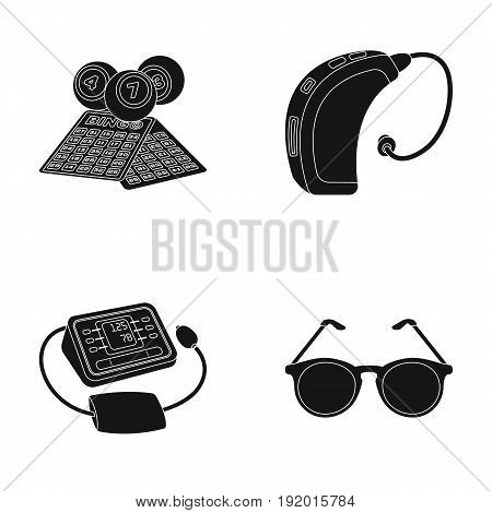Lottery, hearing aid, tonometer, glasses.Old age set collection icons in black style vector symbol stock illustration .