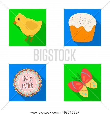 Easter cake, chicken, butterfly and greeting sign.Easter set collection icons in flat style vector symbol stock illustration .