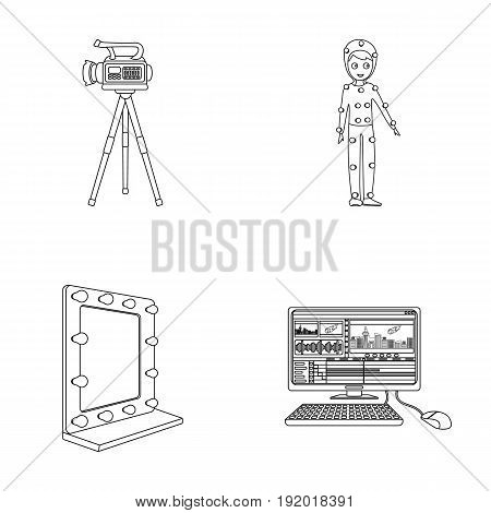 A movie camera, a suit for special effects and other equipment. Making movies set collection icons in outline style vector symbol stock illustration .