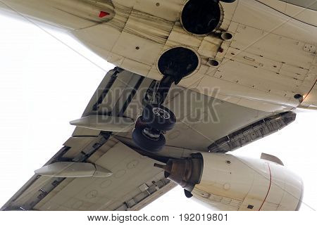 The underside of a modern airplane and its landing gear