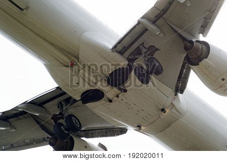 The underside of a modern airplane and its landing gear