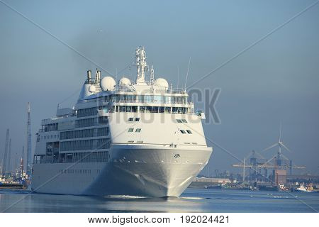 Velsen The Netherlands - June 18th 2017: Silver Whisper- Silversea Cruises on North Sea Channel towards Amsterdam Cruise terminal