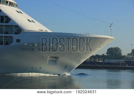 Velsen The Netherlands - June 18th 2017: Silver Whisper- Silversea Cruises on North Sea Channel towards Amsterdam Cruise terminal