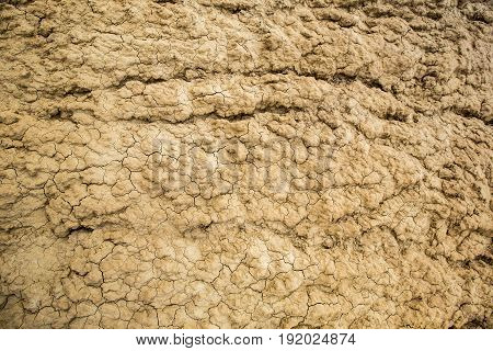 Horizontal background shot of a barren, cracked patch of land with no vegetation. Crusty, dry land, affected by drought, a dramatic impact on the environment.
