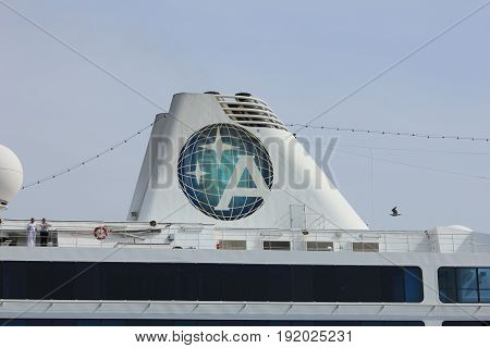 Velsen The Netherlands - June 20th 2017: Azamara Journey - Azamara Club Cruises on North Sea Channel detail of funnel