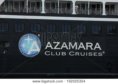 Velsen The Netherlands - June 20th 2017: Azamara Journey - Azamara Club Cruises on North Sea Channel detail of ship