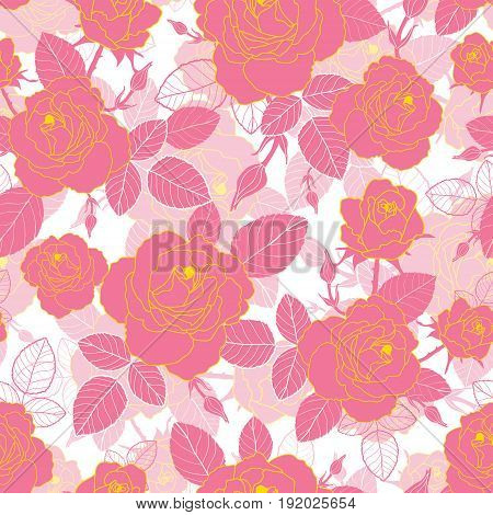 Vector vintage pink and yellow gold roses and leaves on white background seamless repeat pattern texture. Great for retro fabric, wallpaper, scrapbooking projects. Surface pattern design.