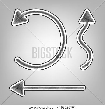 Simple set to Interface Arrows. Vector. Pencil sketch imitation. Dark gray scribble icon with dark gray outer contour at gray background.