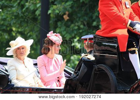 Trooping the color, London, England - June 17, 2017: Prince Harry, Kate Middleton and Camilla Parker Bowles in an open carriage, trooping the color 2017 for the Queens official birthday, London, UK.