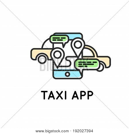 Mobile app for ordering taxi Simple Icon for web or print. Mobile taxi communication. Talk with smartphone.