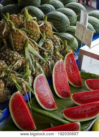 Fresh trpical fruits in a fruit stand in Thailand.