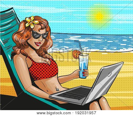 Vector illustration of woman in swimsuit and sun glasses relaxing at the seaside. Beautiful girl with cocktail using laptop. Beach holiday poster in retro pop art comic style.