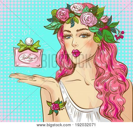 Vector illustration of beautiful woman advertising perfume. Pin up pretty girl in retro pop art comic style.