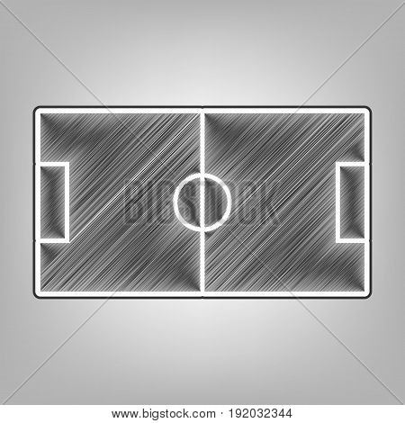 Soccer field. Vector. Pencil sketch imitation. Dark gray scribble icon with dark gray outer contour at gray background.