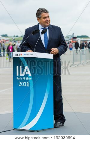 BERLIN GERMANY - JUNI 01 2016: Speech by Sigmar Gabriel Minister for Economic Affairs and Energy. Exhibition ILA Berlin Air Show 2016