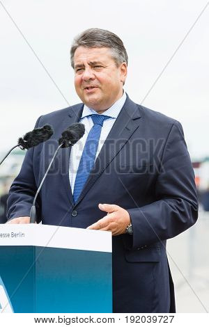 BERLIN GERMANY - JUNI 01 2016: Speech by Sigmar Gabriel Minister for Economic Affairs and Energy. Exhibition ILA Berlin Air Show 2016