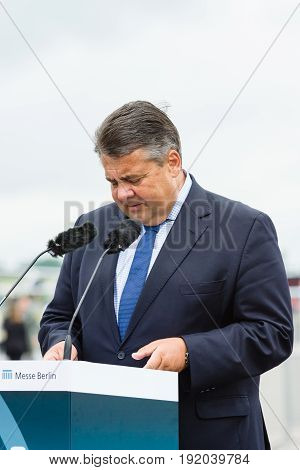 BERLIN GERMANY - JUNI 01 2016: Speech by Sigmar Gabriel Minister for Economic Affairs and Energy. Exhibition ILA Berlin Air Show 2016