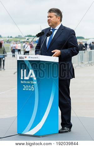 BERLIN GERMANY - JUNI 01 2016: Speech by Sigmar Gabriel Minister for Economic Affairs and Energy. Exhibition ILA Berlin Air Show 2016