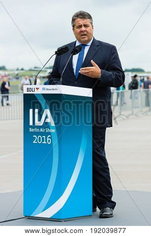 BERLIN GERMANY - JUNI 01 2016: Speech by Sigmar Gabriel Minister for Economic Affairs and Energy. Exhibition ILA Berlin Air Show 2016