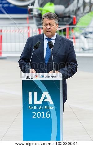 BERLIN GERMANY - JUNI 01 2016: Speech by Sigmar Gabriel Minister for Economic Affairs and Energy. Exhibition ILA Berlin Air Show 2016