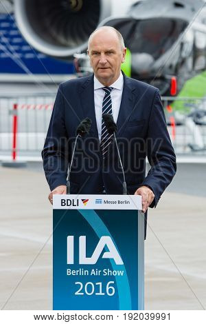 BERLIN GERMANY - JUNI 01 2016: Speech by Dietmar Woidke Minister President of Brandenburg. Exhibition ILA Berlin Air Show 2016