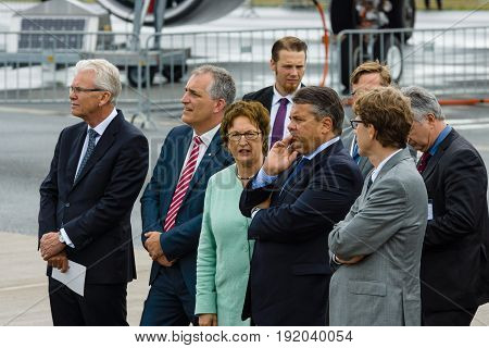 BERLIN GERMANY - JUNI 01 2016: Minister for Economic Affairs and Energy Sigmar Gabriel and accompanying persons opened Exhibition ILA Berlin Air Show.