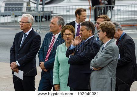 BERLIN GERMANY - JUNI 01 2016: Minister for Economic Affairs and Energy Sigmar Gabriel and accompanying persons opened Exhibition ILA Berlin Air Show.