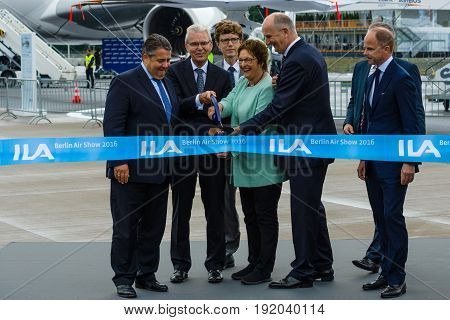 BERLIN GERMANY - JUNI 01 2016: Minister for Economic Affairs and Energy Sigmar Gabriel and accompanying persons opened Exhibition ILA Berlin Air Show.
