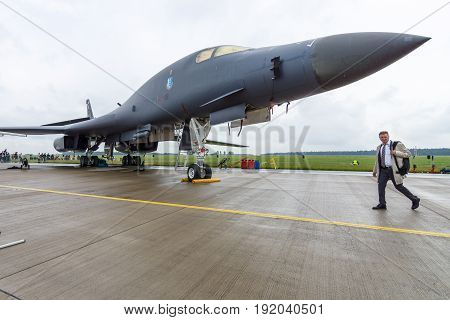 BERLIN GERMANY - JUNE 01 2016: A four-engine supersonic variable-sweep wing jet-powered heavy strategic bomber Rockwell B-1B Lancer. US Air Force. Exhibition ILA Berlin Air Show 2016