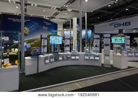 BERLIN GERMANY - JUNE 01 2016: The stand of Fraunhofer Society. Exhibition ILA Berlin Air Show 2016