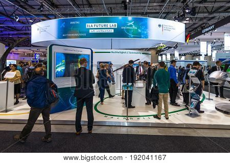 BERLIN GERMANY - JUNE 01 2016: The stand of Federal Ministry for Economic Affairs and Energy. Exhibition ILA Berlin Air Show 2016.