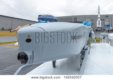BERLIN GERMANY - JUNE 01 2016: German/Swedish air-launched cruise missile Taurus KEPD 350. Exhibition ILA Berlin Air Show 2016.
