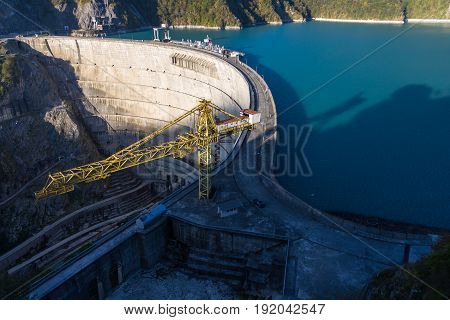 Inguri hydroelectric power station and its reservoir dawn morning