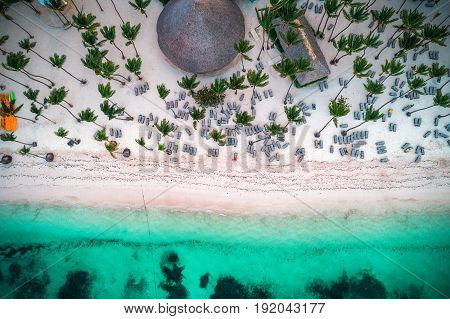 Aerial view of tropical island beach. Punta Cana. Dominican Republic.
