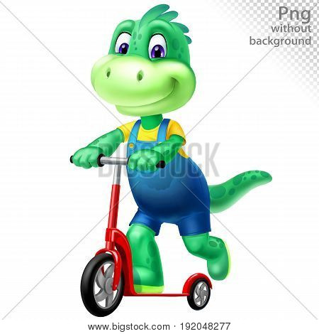 Green dinosaur on red scooter, png without background