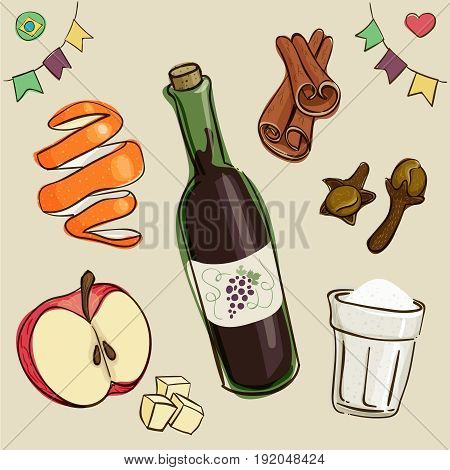 Mulled wine ingredients: wine, sugar; chopped apples; orange peel; cinnamon and dry cloves. Traditional beverage consumed during brazilian June Parties. Loose style joyful vector.
