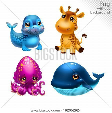 Giraffe, seal, cuttlefish and whale, png without background