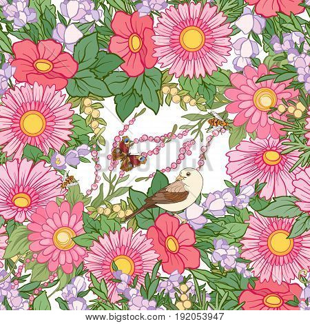 Floral seamless pattern with butterflies and bees and birds in realistic botanical style.  Stock line vector illustration. On white background.