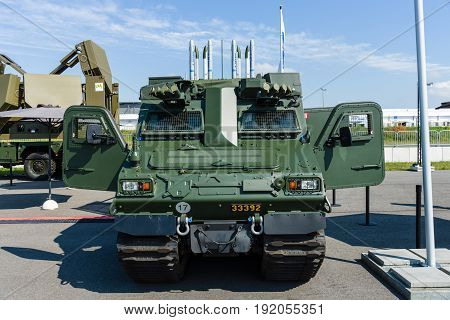 BERLIN GERMANY - JUNE 02 2016: The launching missile station IRIS-T SLS with command and fire-control system of the company Diehl Defence. Exhibition ILA Berlin Air Show 2016