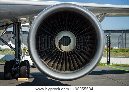 BERLIN GERMANY - JUNE 01 2016: Turbofan engine of the aircraft for simulate of the effects zero gravity - Airbus A310 ZERO-G. Exhibition ILA Berlin Air Show 2016