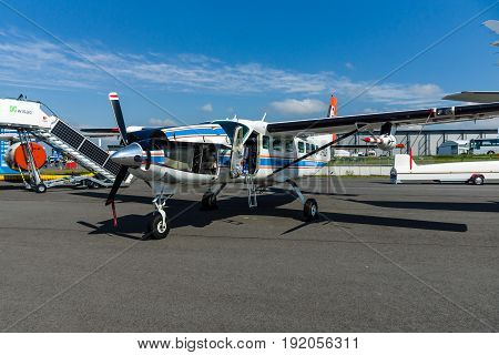 BERLIN GERMANY - JUNE 02 2016: Light transport turboprop Cessna 208B Grand Caravan by German Aerospace Center (DLR). Exhibition ILA Berlin Air Show 2016