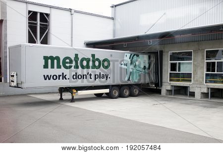 GERMANY - May 30 2012: The cargo truck unloads at Metabo plant