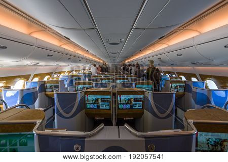 BERLIN GERMANY - JUNE 02 2016: Interior of business class of the world's largest aircraft Airbus A380. Emirates Airline. Exhibition ILA Berlin Air Show 2016