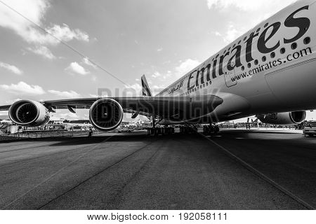 BERLIN GERMANY - JUNE 02 2016: Detail of the wing and a turbofan 