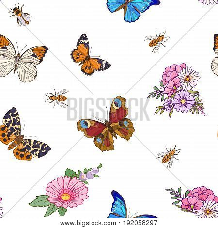 Floral seamless pattern with butterflies and bees in realistic botanical style.  Stock line vector illustration. On white background.
