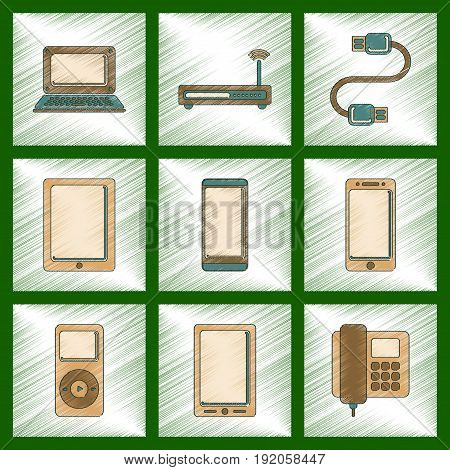 assembly flat shading style icon of Wi fi modem mobile phone gadget usb cable music player laptop