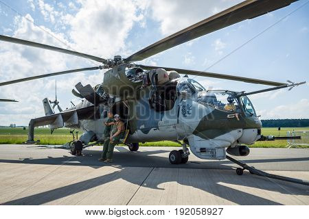 BERLIN GERMANY - JUNE 02 2016: Attack helicopter Mil Mi-24 Hind. Czech Air Force. Exhibition ILA Berlin Air Show 2016