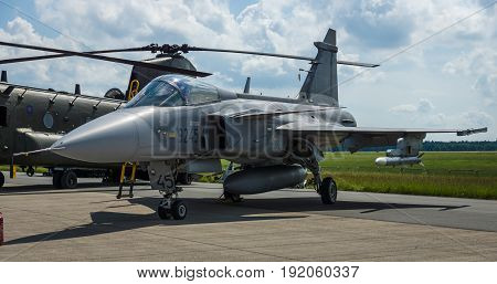 BERLIN GERMANY - JUNE 02 2016: Fighter attack and reconnaissance aircraft Saab JAS-39 Gripen. Czech Air Force. Exhibition ILA Berlin Air Show 2016