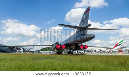 BERLIN GERMANY - JUNE 02 2016: A four-engine supersonic variable-sweep wing jet-powered heavy strategic bomber Rockwell B-1B Lancer. US Air Force. Rear view. Exhibition ILA Berlin Air Show 2016